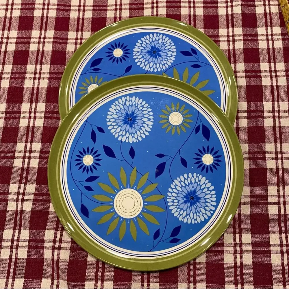 ZAK‎ Designs Pair of Blue Floral Green Border 10” Plastic Plates